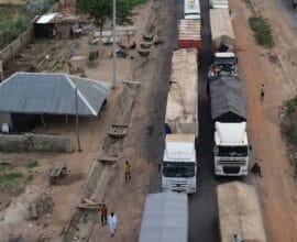 Long line of trucks trapped in gridlock at Amukpe Roundabout in Delta State