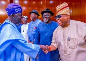 President Bola Tinubu and Osun Governor Ademola Adeleke during a meeting at Aso Rock Villa