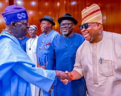 President Bola Tinubu and Osun Governor Ademola Adeleke during a meeting at Aso Rock Villa