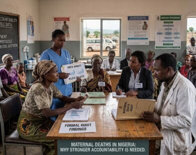 Pregnant woman receiving medical care in a Nigerian hospital