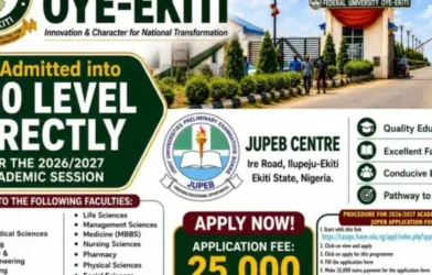 FUOYE JUPEB 2026/2027 admission for Direct Entry into 200 Level