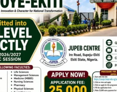 FUOYE JUPEB 2026/2027 admission for Direct Entry into 200 Level