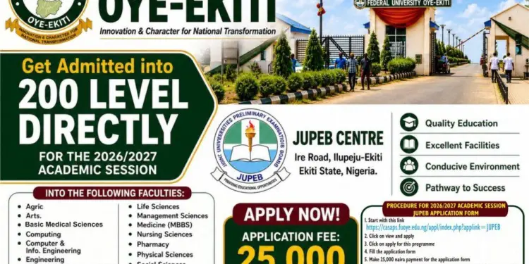 FUOYE JUPEB 2026/2027 admission for Direct Entry into 200 Level