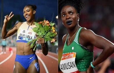Tobi Amusan and Masai Russell compete in the women’s 100m hurdles