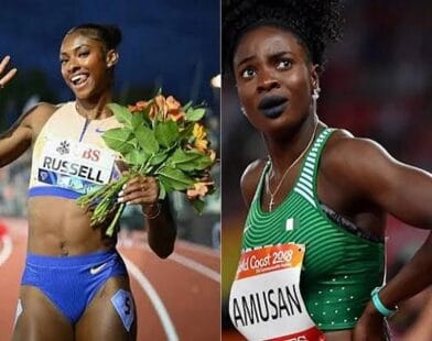 Tobi Amusan and Masai Russell compete in the women’s 100m hurdles