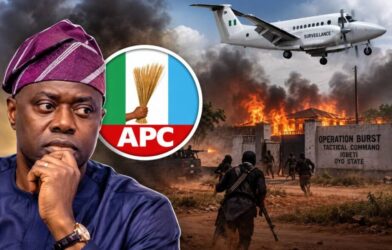 Seyi Makinde and security personnel amid concerns over Oyo State surveillance aircraft after bandit attack