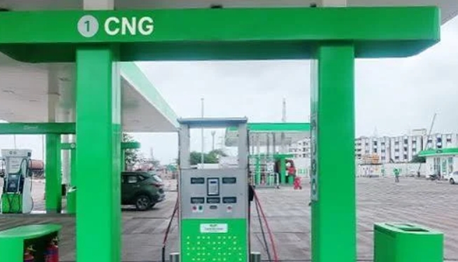 Commercial vehicles queue at a CNG station in Nigeria
