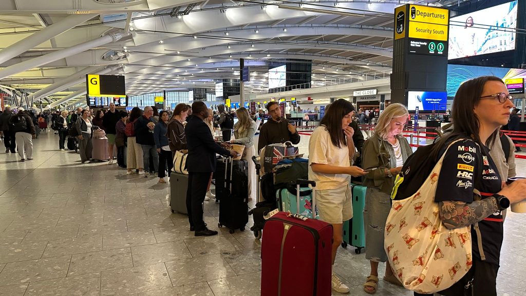 Passengers stranded at a UK airport following widespread flight cancellations.