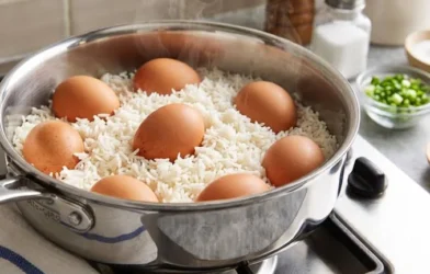 Boiled eggs and rice prepared separately following food-safety concerns.