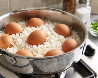 Boiled eggs and rice prepared separately following food-safety concerns.